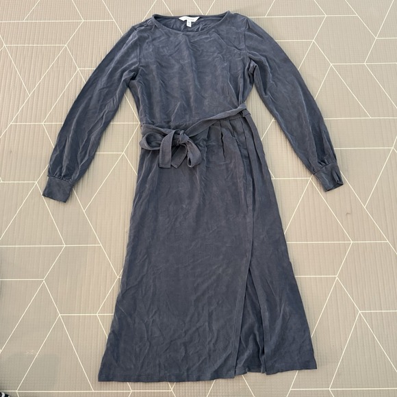 Garnet Hill‎ Starla Cupro Knit Dress Size XS Dark Bluestone Faux Wrap Midi - Picture 3 of 10